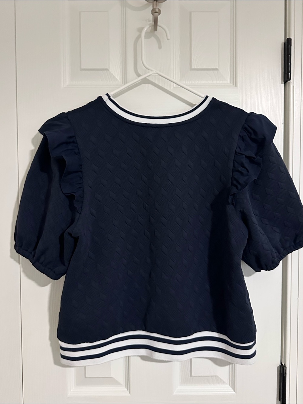 Navy Ruffle Sleeve Sweatshirt with Stripe Trim